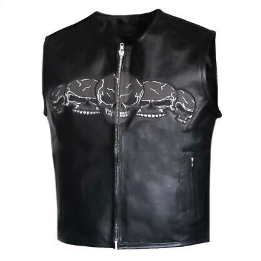 Mens Collarless Skulls Leather Motorcycle Biker Leather Vest Concealed Carry